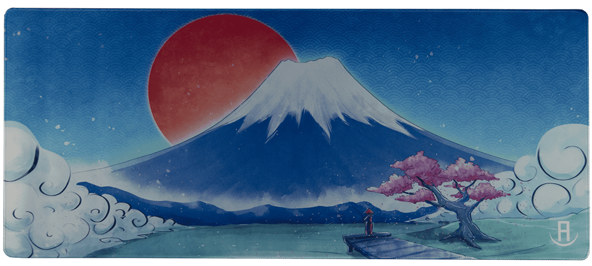 Mountain fuji with red sun in background and clouds gaming deskpad and mousepad 