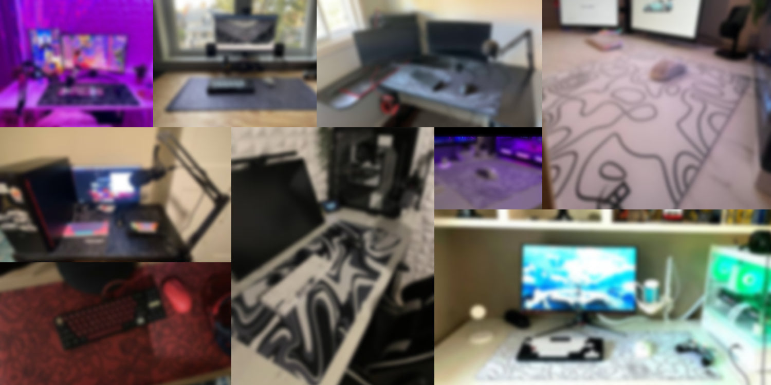 a lot of gaming setups featuring azurepads mousepads and deskpads for gaming and work